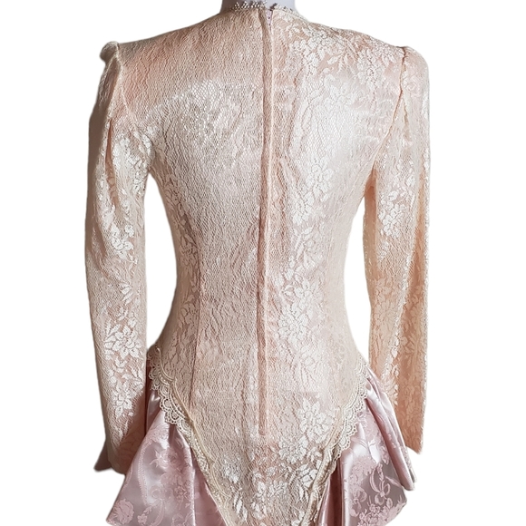 Vintage Scott McClintock Satin Lace Drop Waist Peplum Dress Sz 8 Pink Peach Bow - Picture 5 of 16